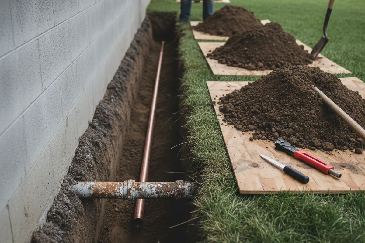 Excavated water line trench during Sewer Line Repair in Shenandoah Junction